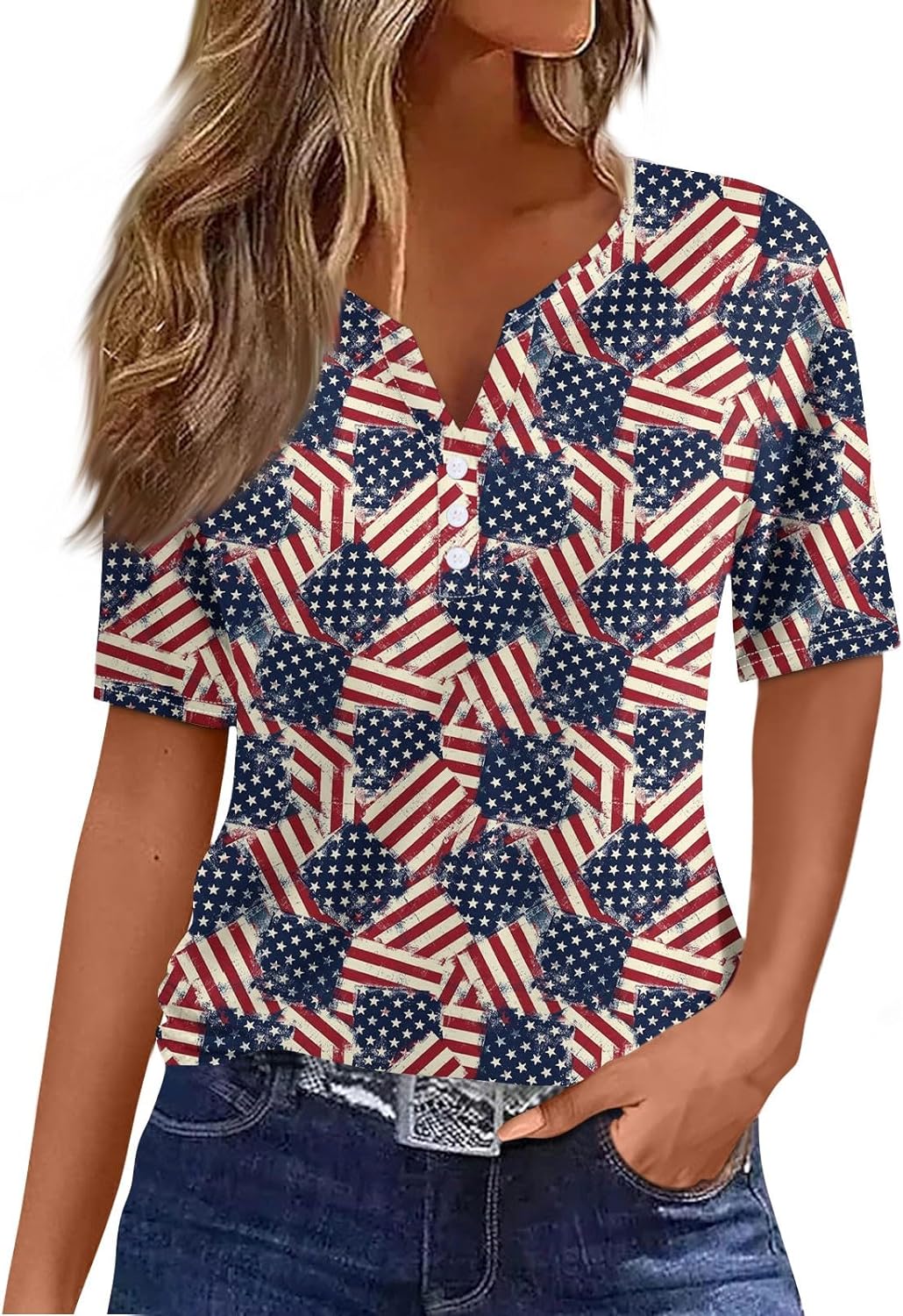 July 4 Shirts for Women,Women’s Summer T Shirt Button Short Sleeve Independence Day Tops Fashion Basic V Neck Casual Top
