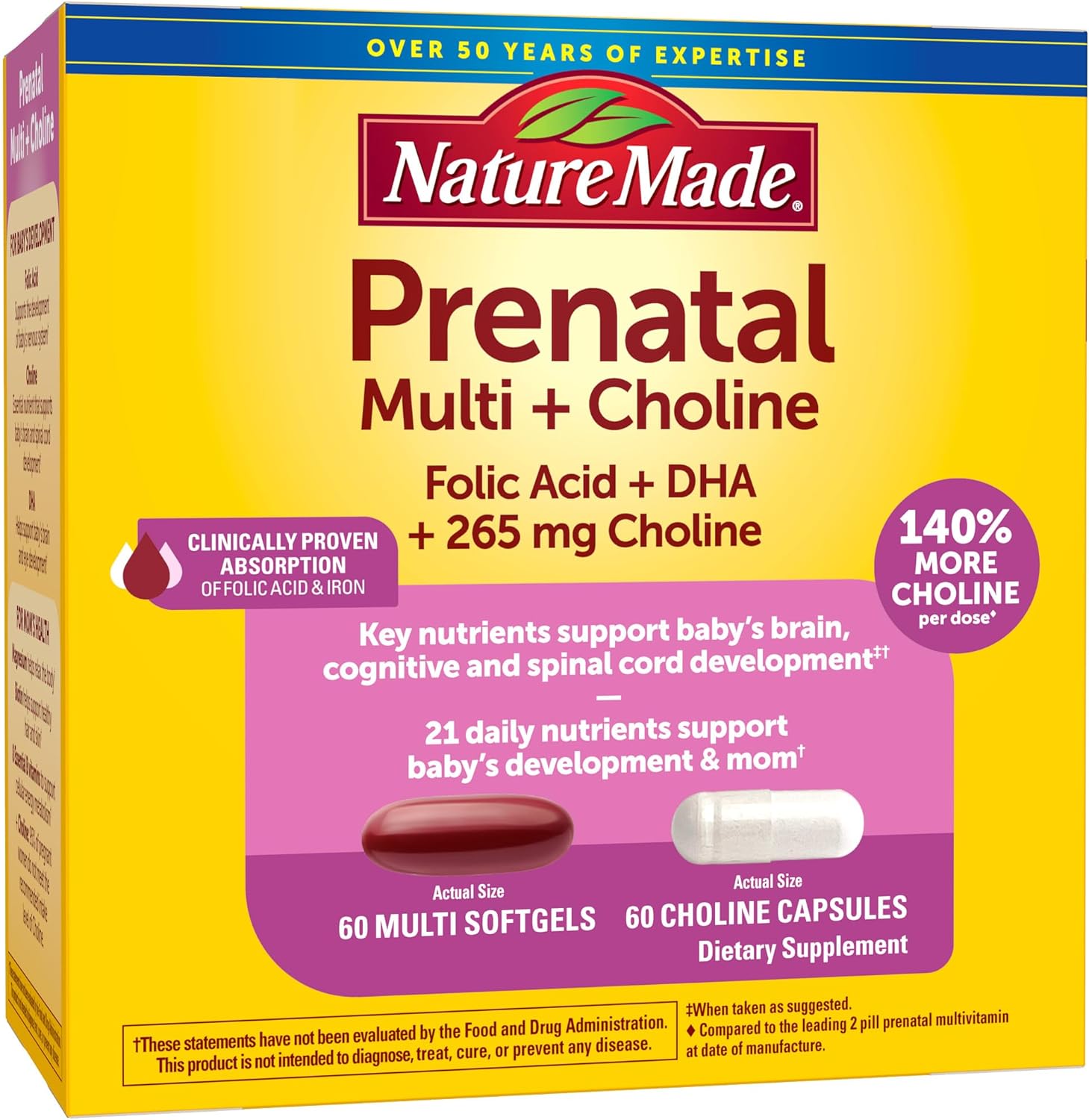 Nature Made Prenatal Vitamin Softgels + Choline Capsules, Folic Acid + DHA + Choline, 60 Prenatal Vitamins for Women, 60 Choline Supplements Capsules, 60 Day Supply