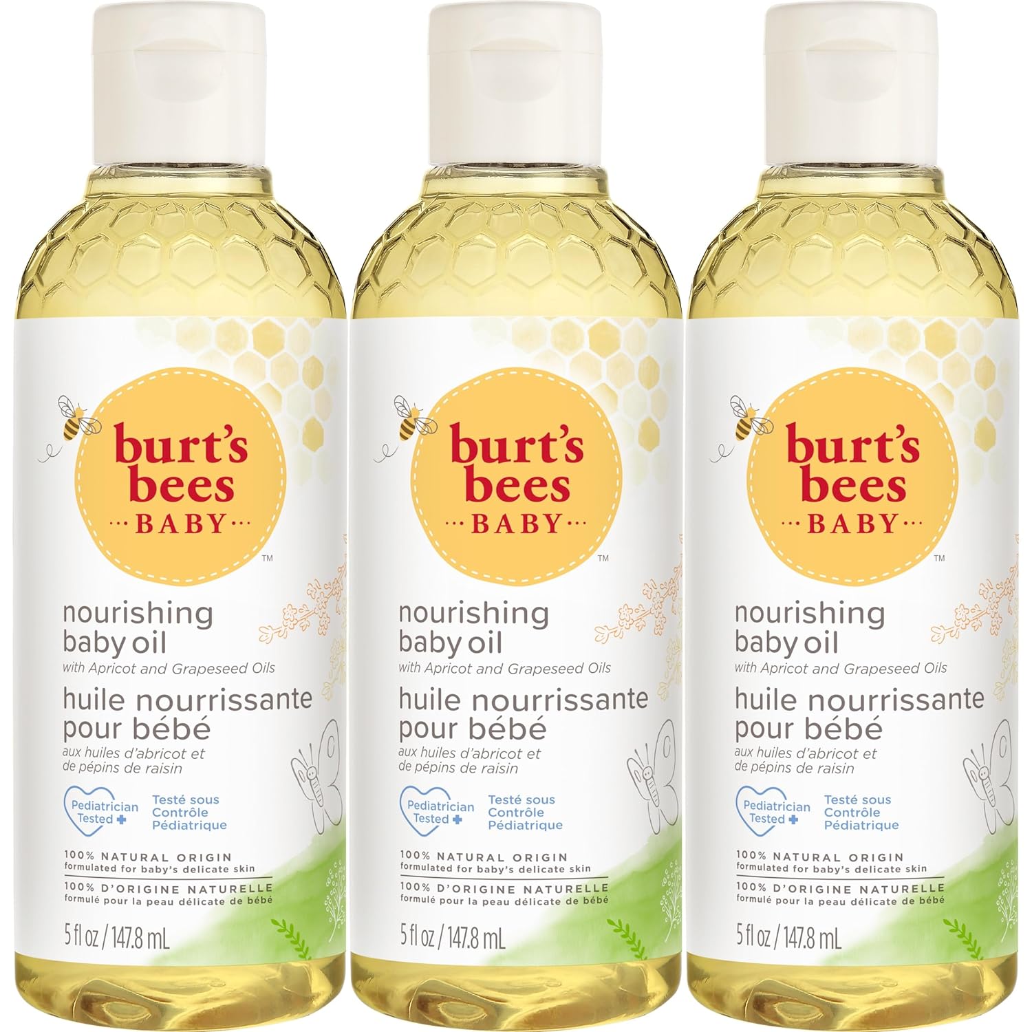 Burt’s Bees Baby Nourishing Baby Oil, 100% Natural Origin Baby Skin Care – 5 Ounce Bottle, Pack of 3