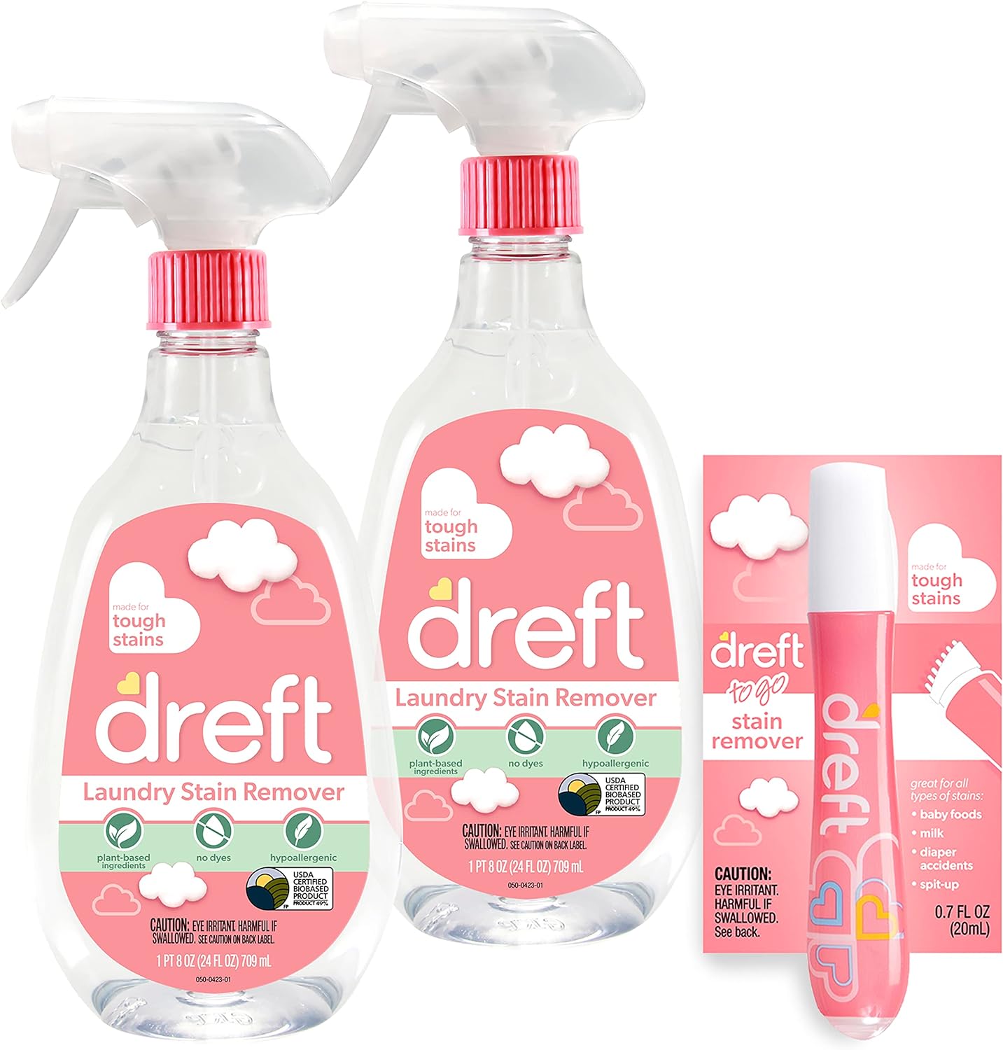 Dreft Stain Remover for Baby Clothes, Fragrance Free and Hypoallergenic Baby Stain Remover Spray Plus Travel Size Stain Treater Pen, 24 Fl Oz ( Pack of 2 + Stain Pen)