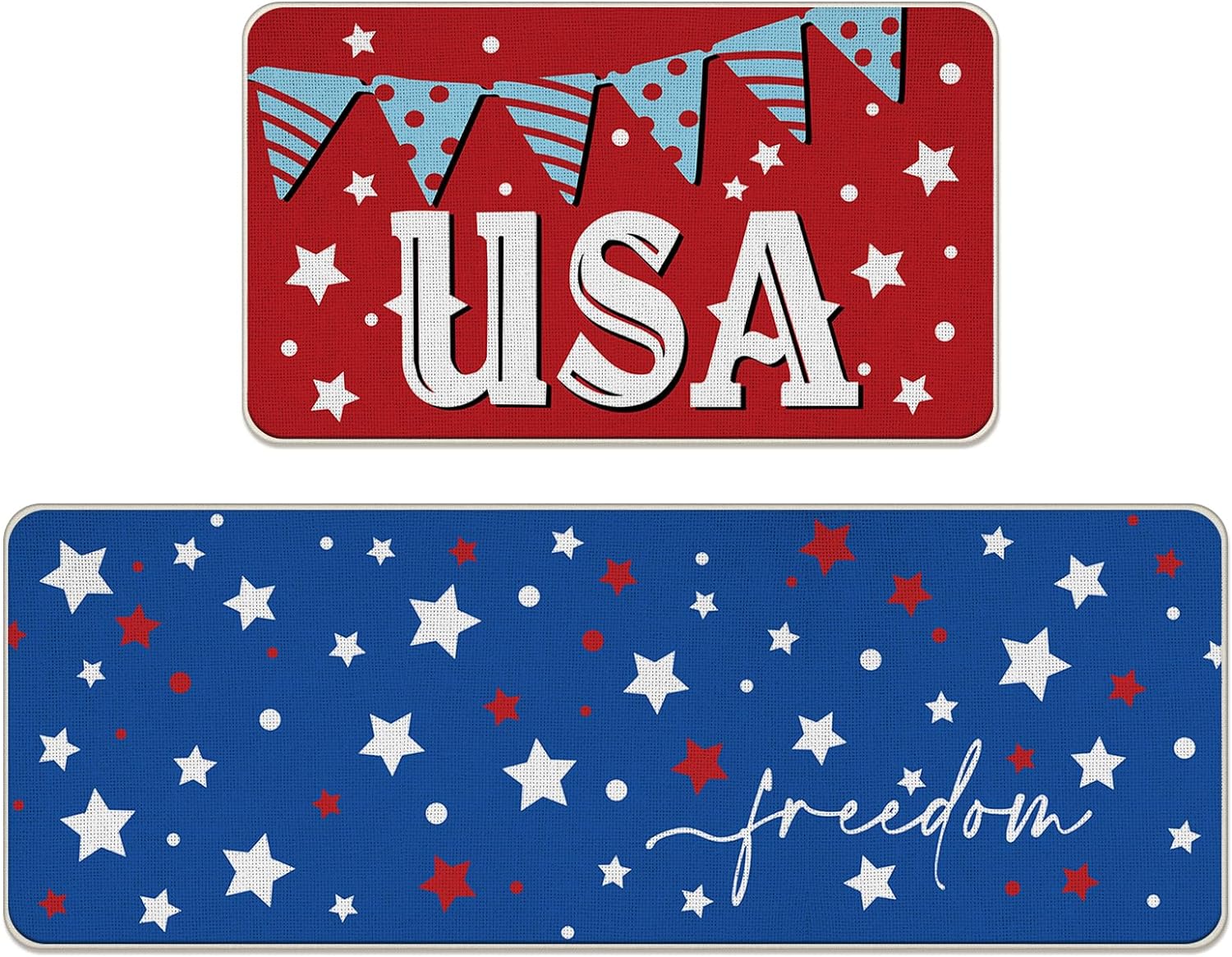 4th of July USA Patriotic Kitchen Rugs Set of 2, America Freedom Red Blue Stars Polka Dot Flag Kitchen Mats Decor, American Floor Door Mat Home Decorations -17×29 and 17×47 Inch