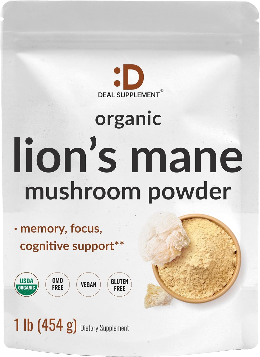 DEAL SUPPLEMENT Organic Lions Mane Mushroom Powder Supplement, 1,500mg Per Serving, 1lb – Active Fruiting Body & Mycelium Extract – Natural Brain Nootropic & Immune System Booster – Non-GMO