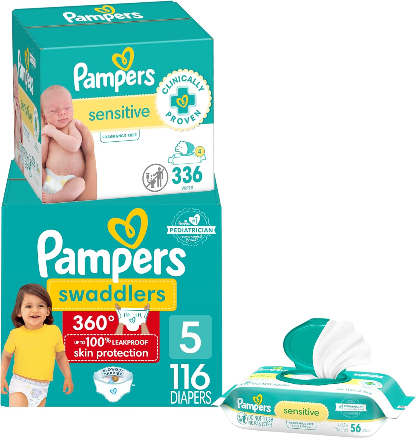Pampers Swaddlers 360 Pull-On Diapers, Size 5, 116 Count, One Month Supply with Sensitive Baby Wipes, 4 Flip-Top Packs (336 Wipes Total) [Packaging May Vary]