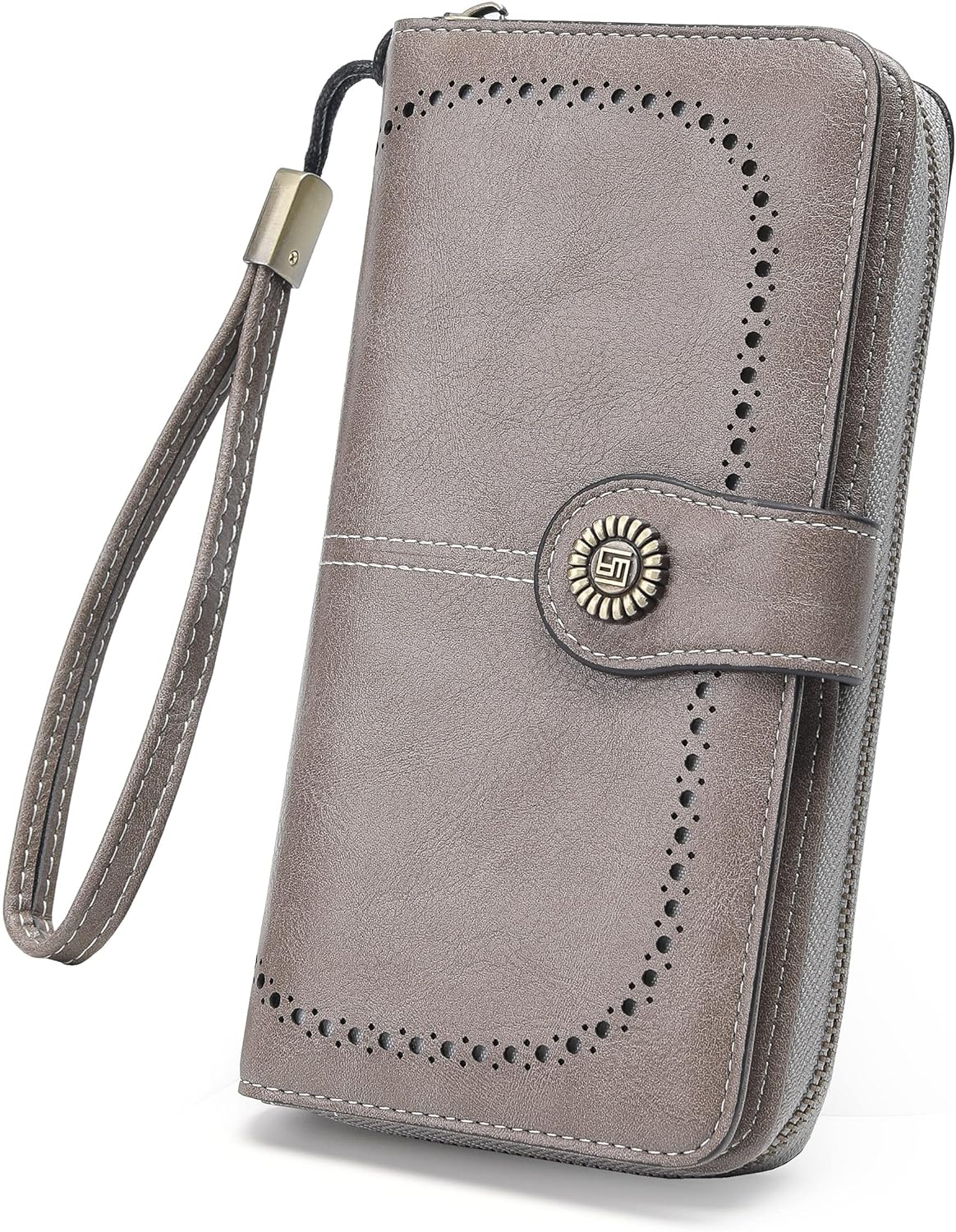 Womens Wallet Leather Large Capacity Card Holder Zipper Wristlet Wallets for Women-grey