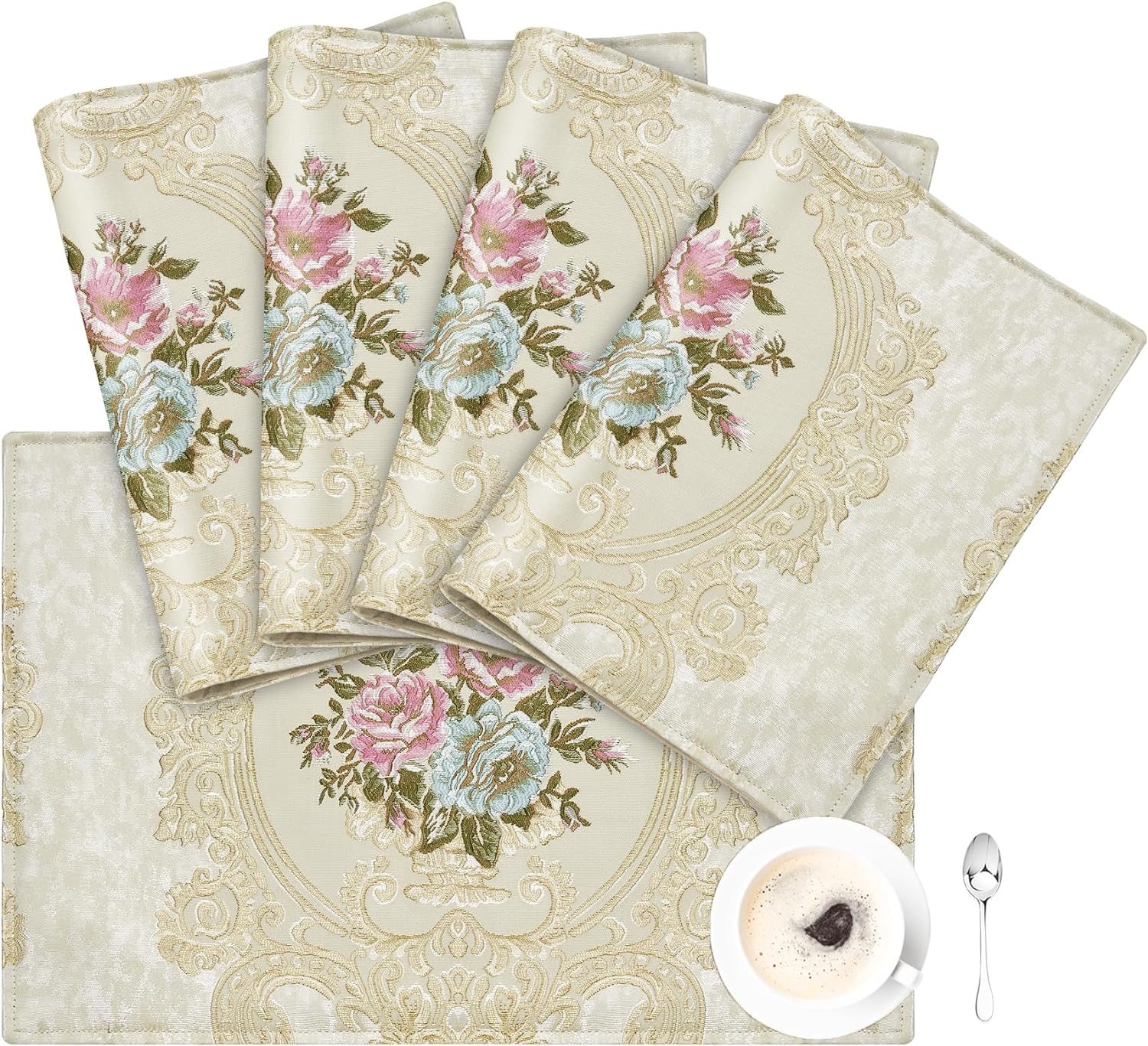 Loom and Mill Luxury Damask Placemats Set of 4, Pearly Beige Jacquard Non-Slip Table Place Mats for Home Kitchen Party Banquet HolidayDecor, Durable & Washable Dining Table Mats(Pearly Beige, 12x18in)
