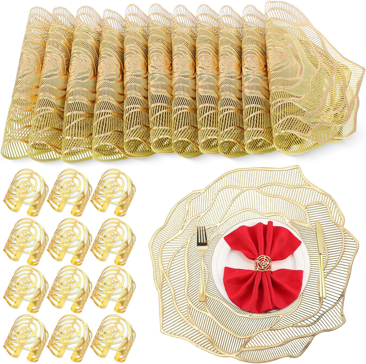24 Pcs Rose Placemats and Rose Flower Paper Napkin Rings Set, 15 x 15 in Vinyl Round Place Mats Dining Table Mats for Wedding Party Kitchen Table Decoration Home(Gold)
