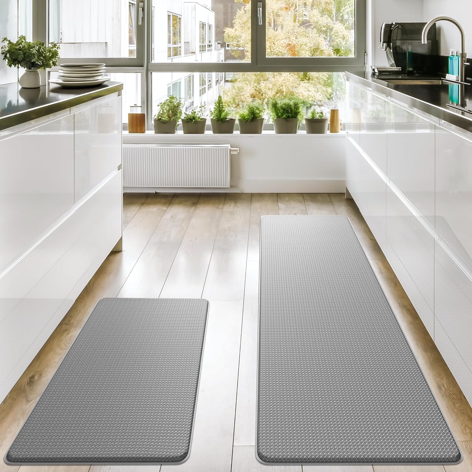 Homergy Anti Fatigue Kitchen Mats for Floor 2 PCS, Memory Foam Cushioned Rugs, Comfort Standing Desk Mats for Office, Home, Laundry Room, Waterproof & Ergonomic, 17.3×30.3 & 17.3×59, Grey