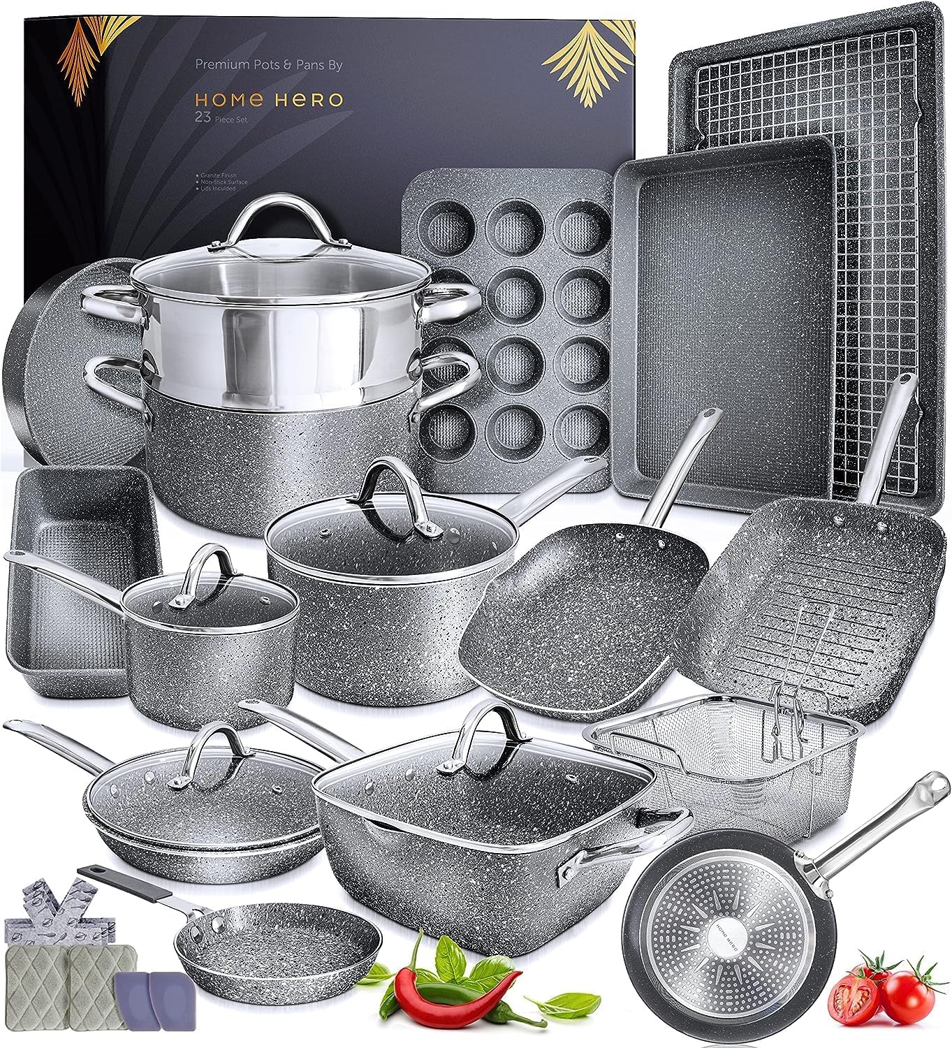 Home Hero Pots and Pans Set Non Stick – Induction Compatible Kitchen Cookware Sets + Bakeware Sets – Non Stick, PFOA Free, Oven Safe Pot and Pan Set Nonstick (23 Pcs – Granite)