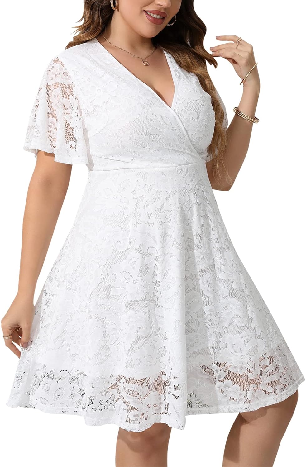 Women Lace Plus Size Cocktail Dress for Wedding Guest V Neck Short Sleeve Flowy A Line Knee Length Dresses White 5XL