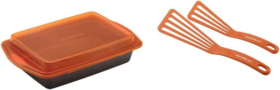 Rachael Ray Nonstick Bakeware with Grips Nonstick Baking Pan With Lid and Grips – 9 Inch x 13 Inch, Gray & Kitchen Tools and Gadgets Nylon Cooking Utensils/Spatula/Fish Turners, 2 Piece, Orange