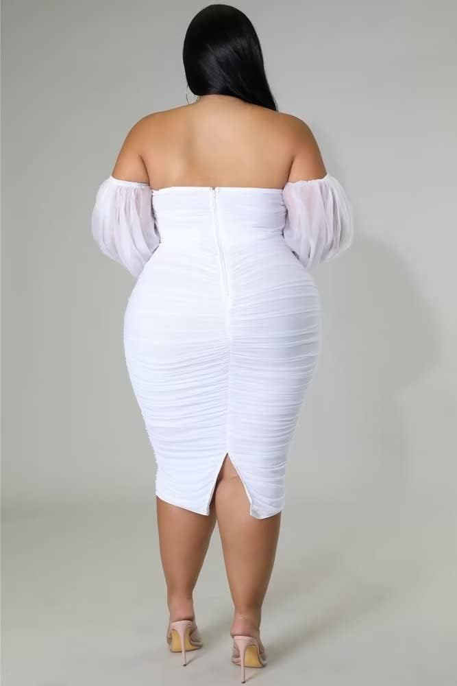 Women’s Plus Size Off The Shoulder Mesh Long Sleeve Bodycon Ruched Midi Party Cocktail Dress