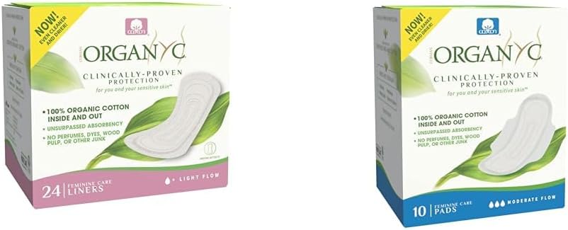 Organyc 100% Certified Organic Cotton Folded Panty Liner 24 Count and Feminine Pads Moderate Flow 10 Count