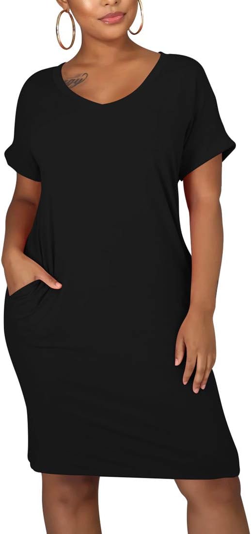 cailami Women’s Summer V Neck Short Sleeve Midi Tshirt Dresses Casual Tunic Dress with Pockets