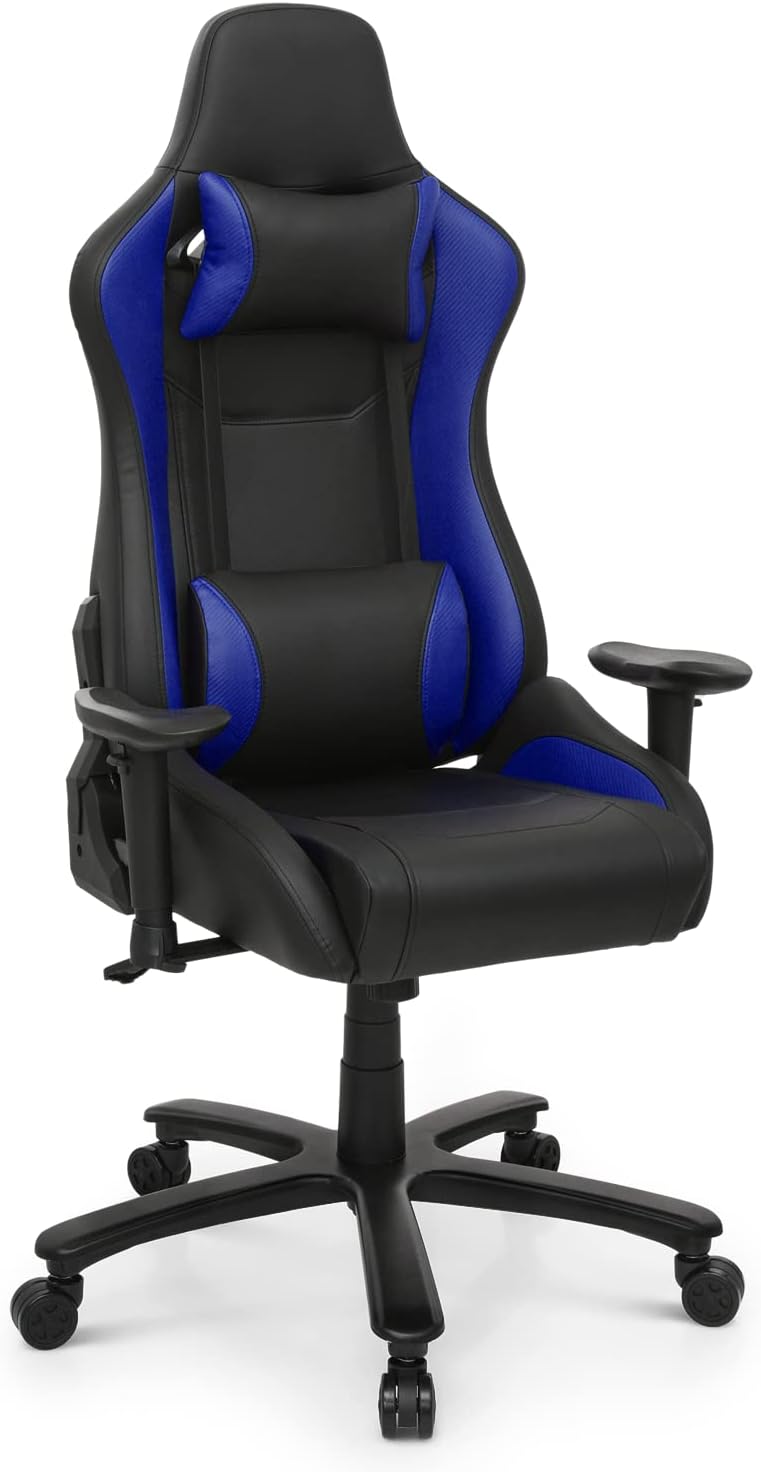 MoNiBloom Racing Style Gaming Chair with Lumbar Support and Pivot/Angle Adjustable Armrests, Carbon Fiber PU Leather Swivel Executive Gaming Chair High-Back Office Recliner Chair for Adult Teen, Blue