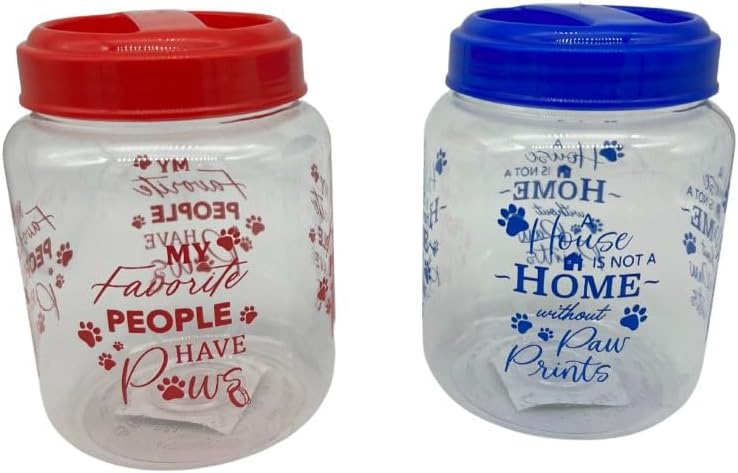 KS BPA-Free Plastic Airtight Dog Cat Pet Treat & Food Storage Containers Canisters Jars Navy Blue & Red Pawsitive Vibes with Paw Prints (Set of 2) (KLST2202)