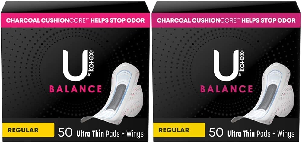 U by Kotex Balance Ultra Thin Pads with Wings, Regular Absorbency, 50 Count (Packaging May Vary) (Pack of 2)