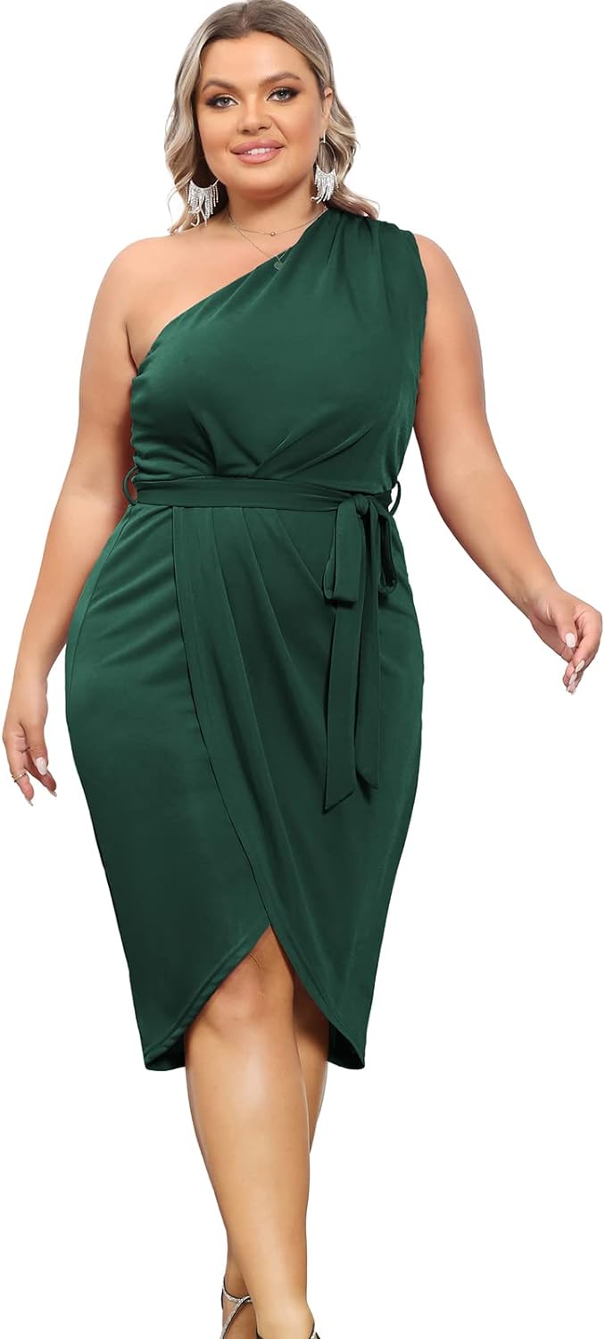 Hanna Nikole 2023 Summer Plus Size One Shoulder for Women Sleeveless Self Belted Party Midi Pencil Dress Dark Green 2X