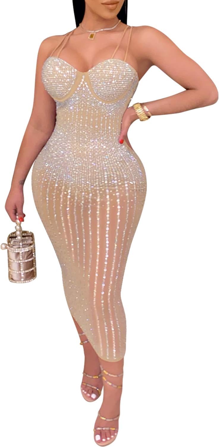 PORRCEY Women Sexy Hot Drilling Process Sexy Dress Party Club Night Dress(3805,Beige,3XL)