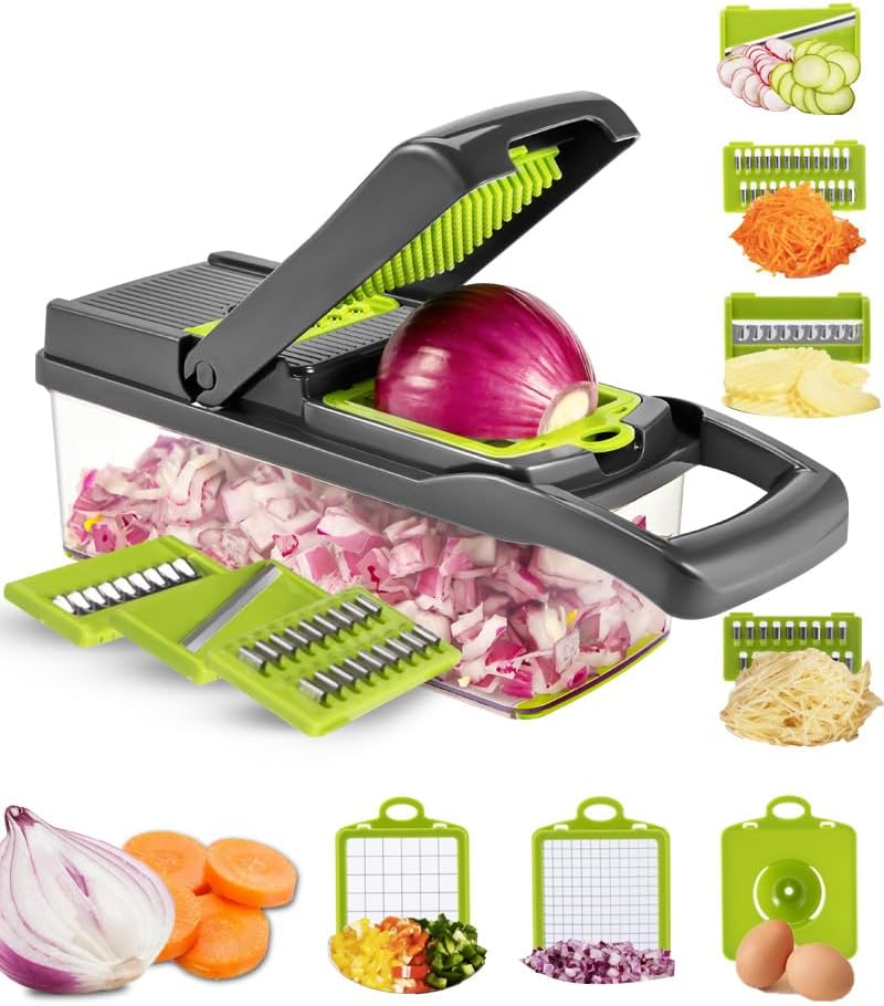 Brigii Vegetable Chopper with 12 Kitchen Gadgets – Food Chopper, Mandoline Slicer, Dicer Cutter; Vegetable Cutter for Onions, Cucumbers, Carrots, Potatoes (Gray-Green)