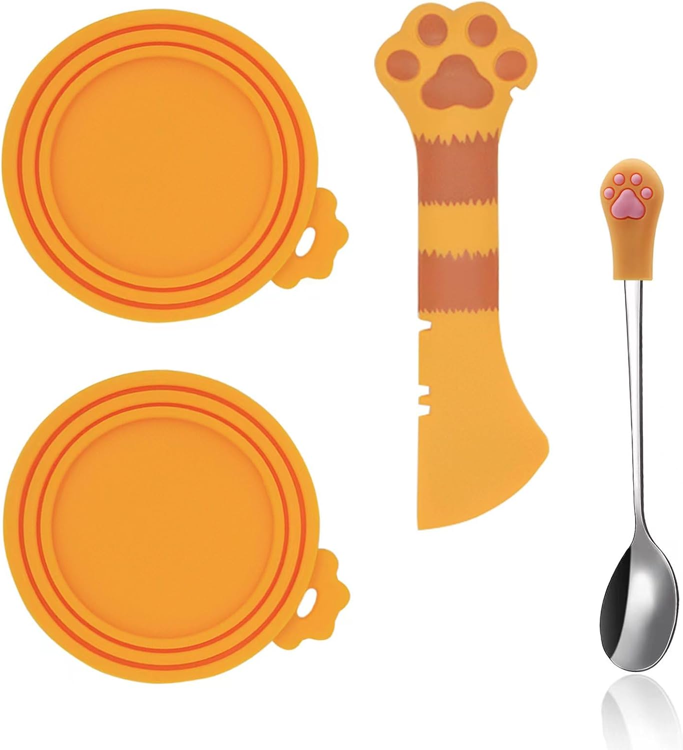 SJANE Cat Food Can Spoons & Can Lids | 4 Pcs | Multi-function Can Opener | Silicone Pet Food Can Covers | Stainless Steel Wet Food Spoon for Cats and Dogs(Orange)