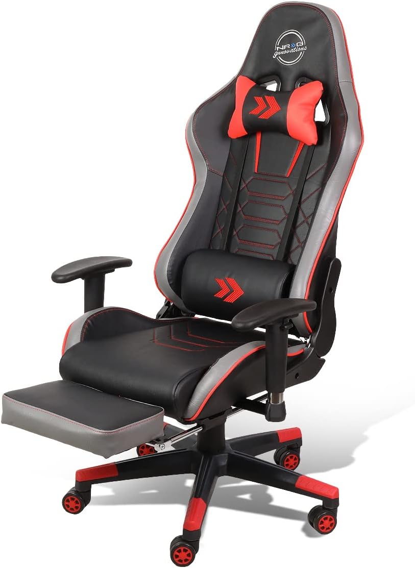 NRG Innovations NRG-RSC-G100RD RSC-G100RD Office Adjustable Armrest, Pull Out Leg Rest, 170 Degree Reclinable, Lumbar Support, Neck Pillow, Computer Chair Gaming Seat (Red Trim)