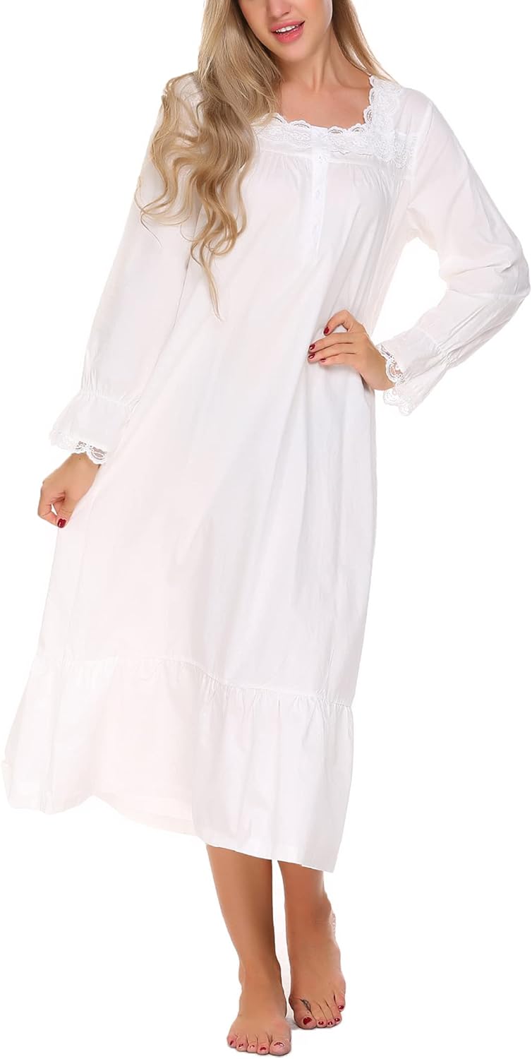Ekouaer Victorian Nightgown Cotton Long Sleeve Vintage Old Fashioned Gown The Ring Costume for Women