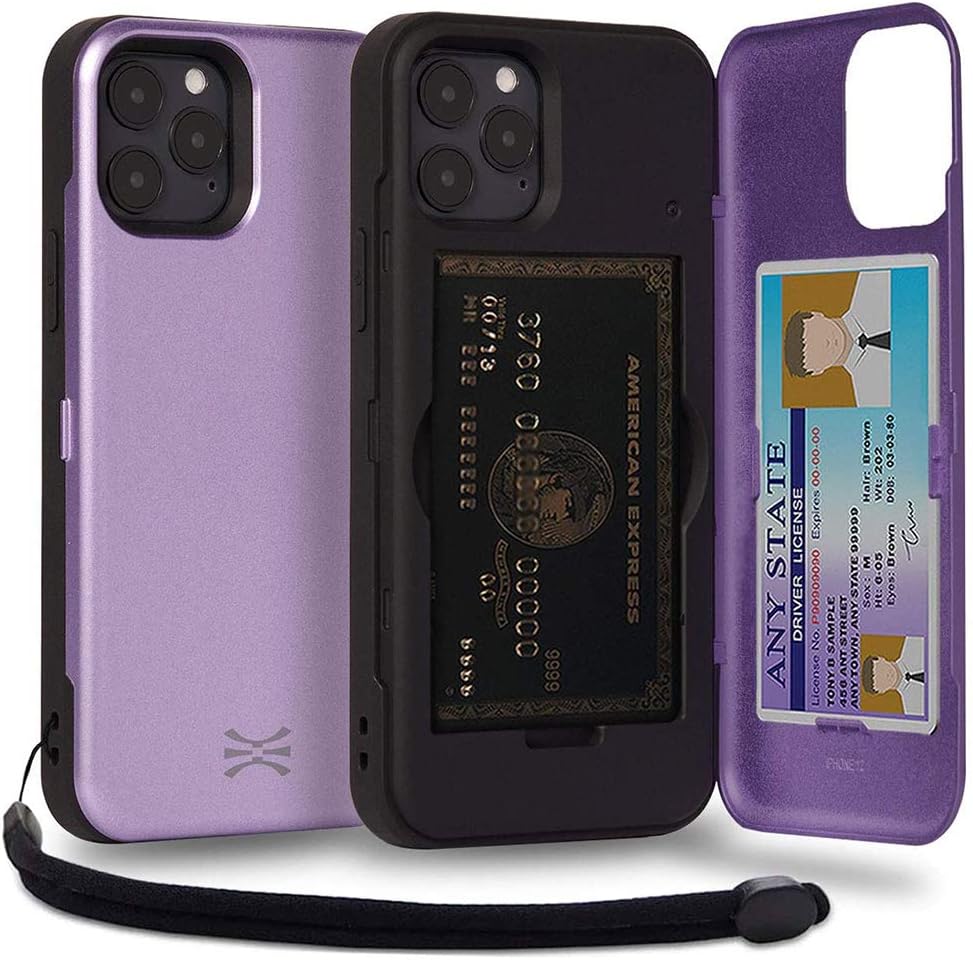 TORU CX PRO Case for iPhone 12/12 Pro, with Card Holder | Slim Protective Shockproof Cover with Hidden Credit Cards Wallet Flip Slot Compartment Kickstand | Include Mirror and Wrist Strap – Purple