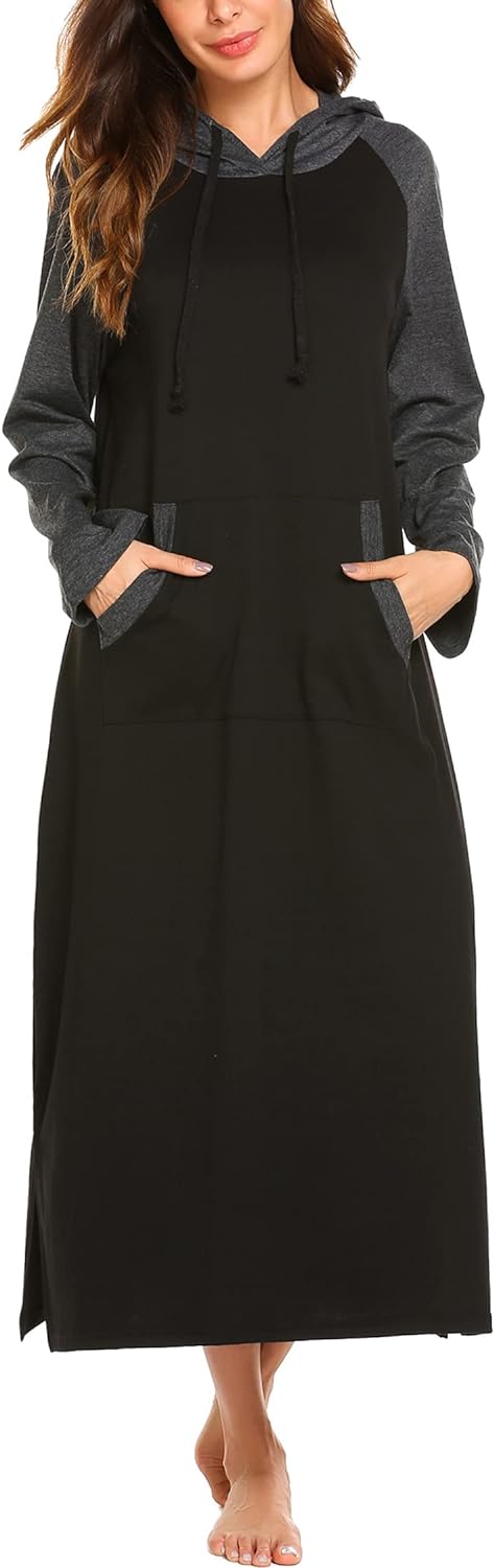 Ekouaer Sleepwear Women Long Sleeve Hooded Nightgown Contrast Color Full Length Loungewear with Pocket S-4XL