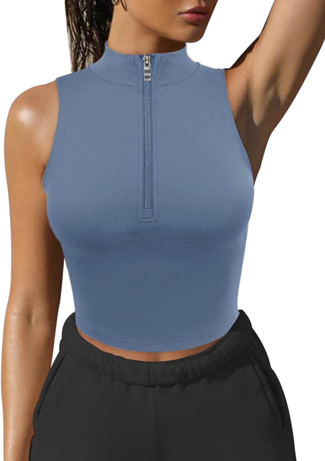 LASLULU Womens Half Zipper Workout Top Racerback Yoga Short Tank Tops Collar Athletic Shirt Slim Fit Crop Tops Built in Bra