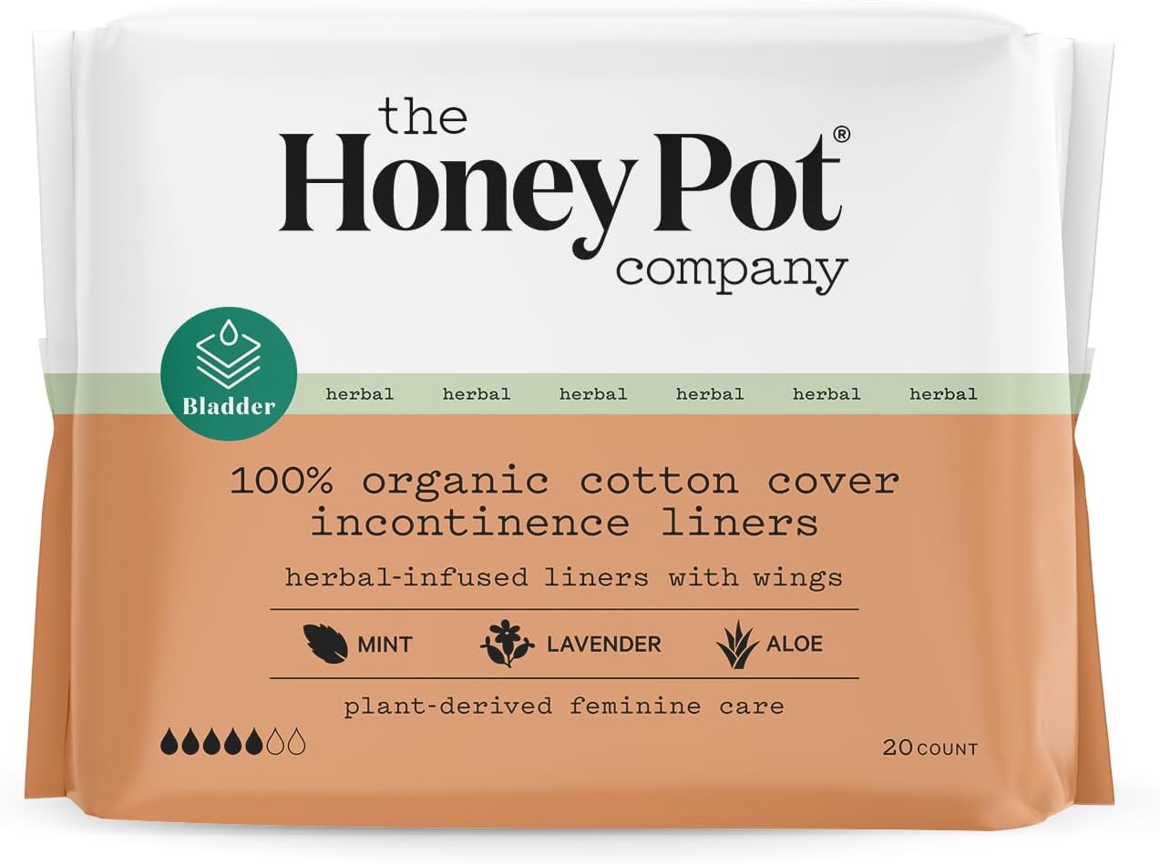 The Honey Pot Company – Herbal Incontinence Panty Liners with Wings. Infused w/Essential Oils for Cooling Effect, Organic Cotton Cover, and Ultra-Absorbent Pulp Core – 20ct.