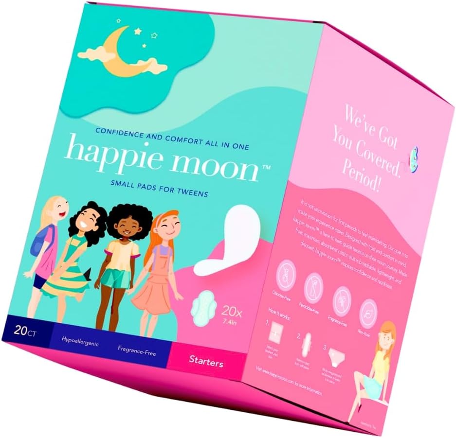 Happie Moon Tween Pads | Starters Organic Cotton Topsheet | First Period Pads for Tweens and Teens | Ultra Thin Pads with Wings | Zero Chlorine, Dyes or Fragrances | Teen Pads, 20 Count