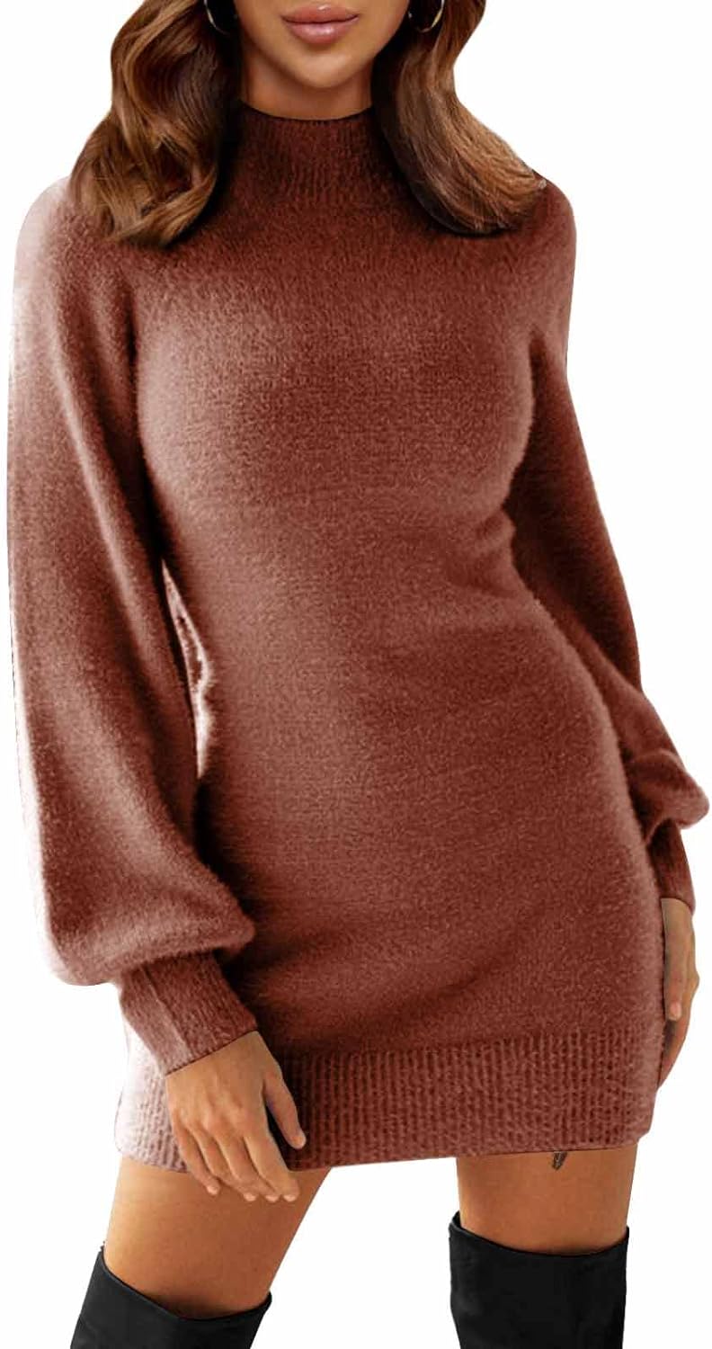EXLURA Women’s 2024 Mock Neck Ribbed Long Sleeve Bodycon Pullover Cute Mini Sweater Dress