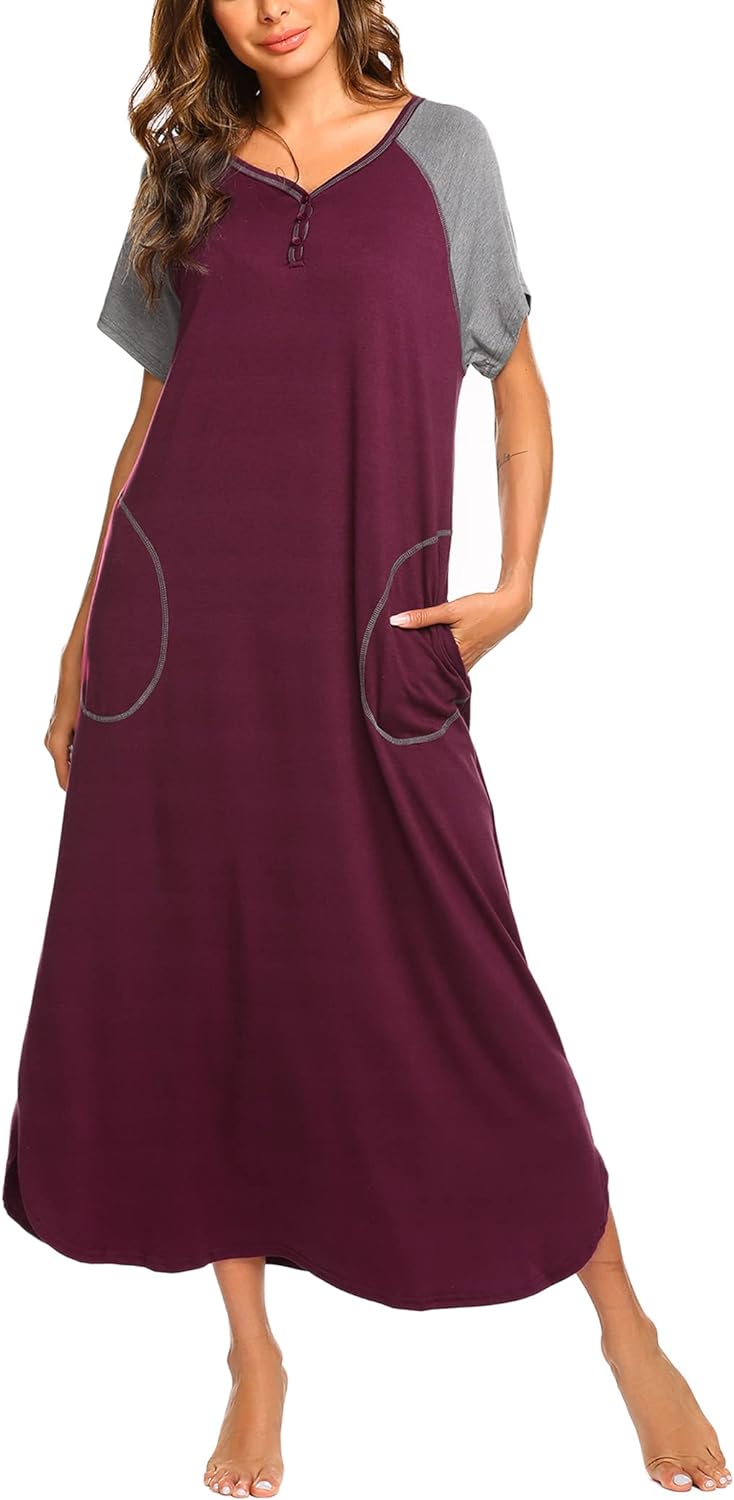 Ekouaer Long Nightgown,Women’s Loungewear Short Sleeve Sleepwear Full Length Sleep Shirt with Pockets,Plus Size S-4XL