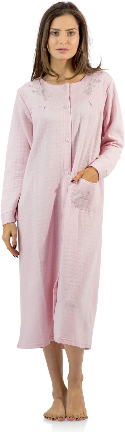 Casual Nights Women’s Quilted House Coat Button Down Robe Long Sleeve Below Knee
