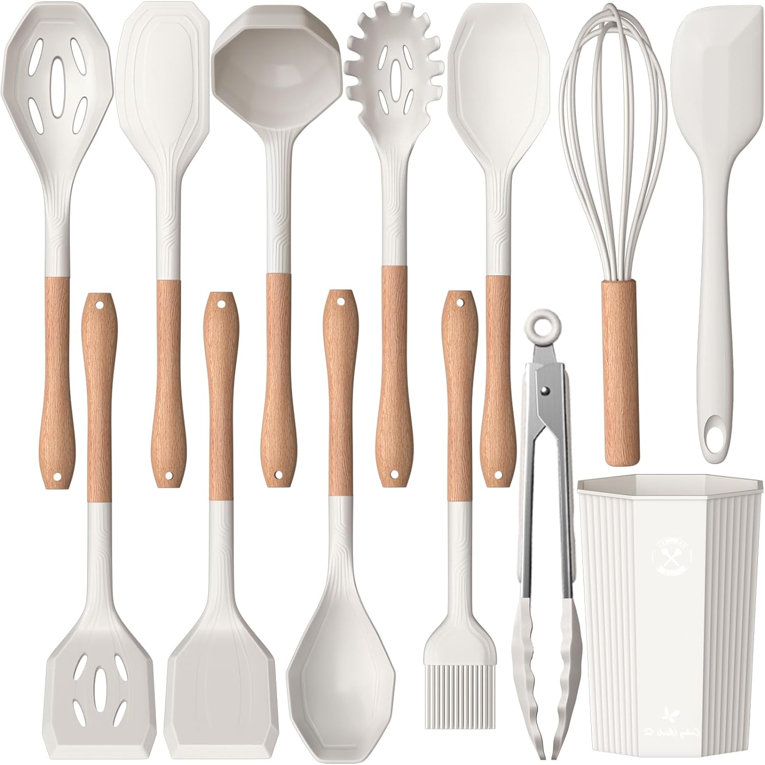 Kitchen Utensils Set- 13 Pcs Cooking Utensils with Tongs, Spoon Spatula &Turner Made of Heat Resistant Food Grade Silicone and Wooden Handles Kitchen Gadgets Tools Set for Nonstick Cookware (White)