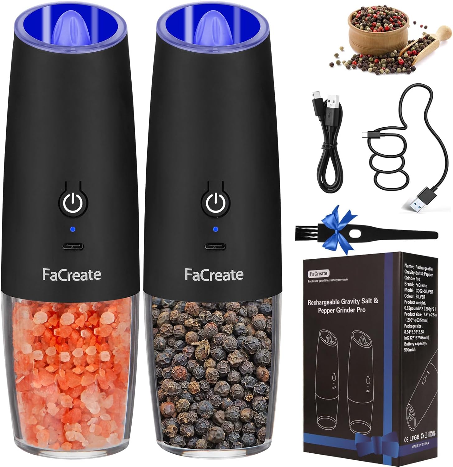 FaCreate UPGRADED USB RECHARGEABLE Gravity Electric Salt and Pepper Grinder Set,Battery Powered Automatic Operation Salt and Pepper Shakers,LED Light Adjustable Coarseness Mill 2 PACK(BLACK)