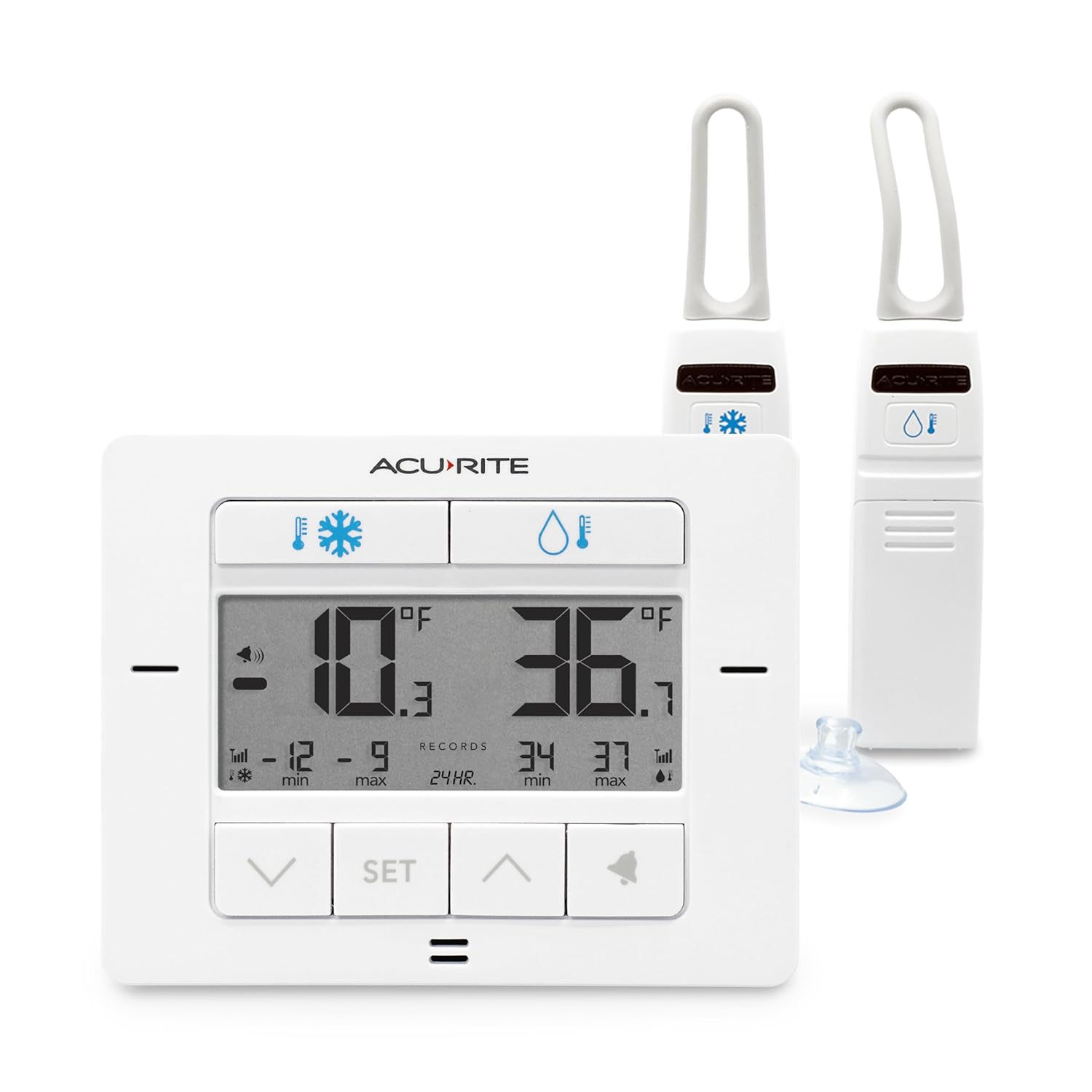 AcuRite Matte White Digital Wireless Fridge and Freezer Thermometer for Home and Restaurants with Alarm and High/Low Temperature Records (00523M)