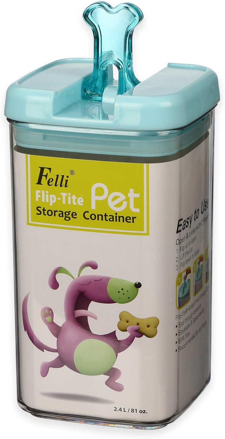 Large 9″H Flip-Tite Bone Square Pet Food Storage Canister in Clear/Blue