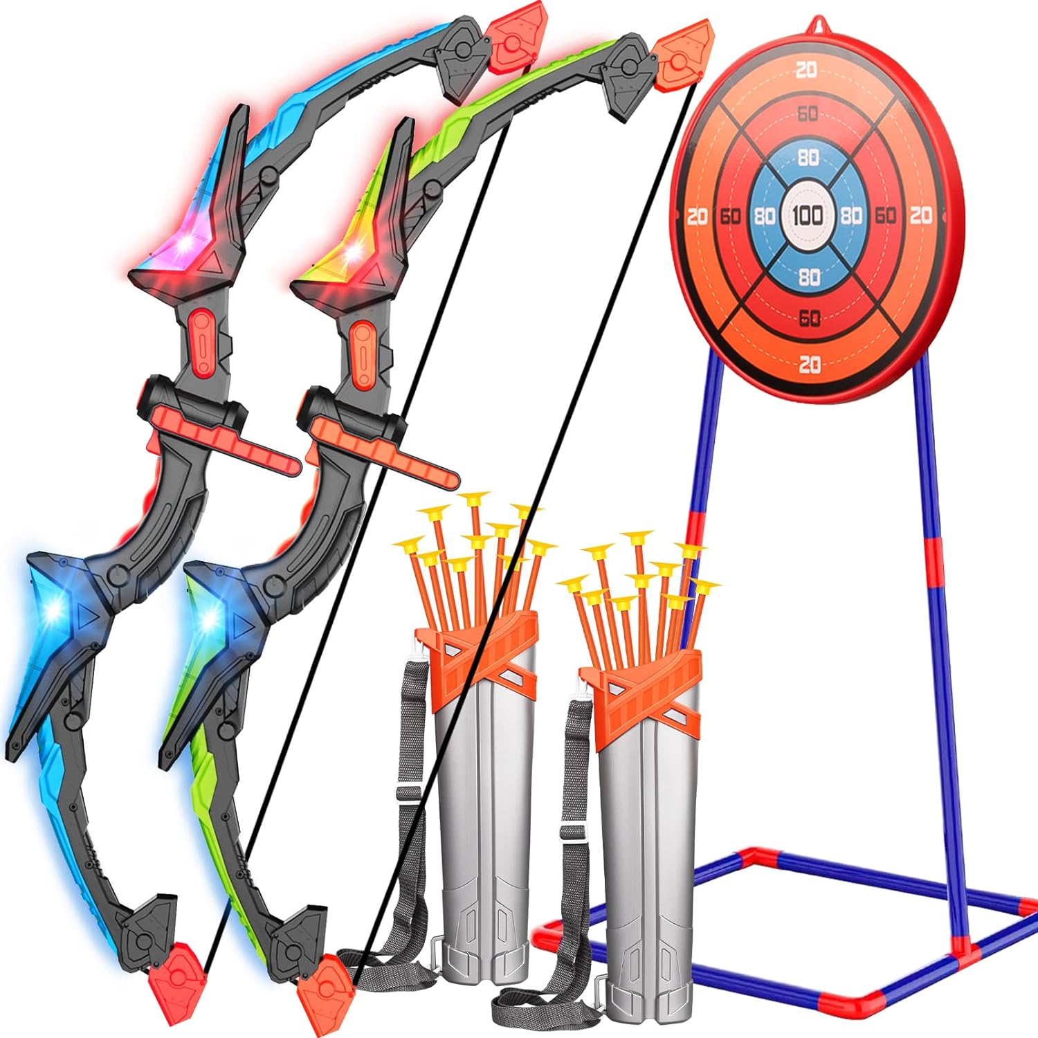 Bigdream Bow and Arrow Set for Kids, Bow and Arrow Toys for 5 6 7 8 9 10 11 12 13 14 Year Old Kids Boys Girls, 2 Pack LED Archery Set with Standing Target, Kids Indoor Outdoor Games Birthday Gifts