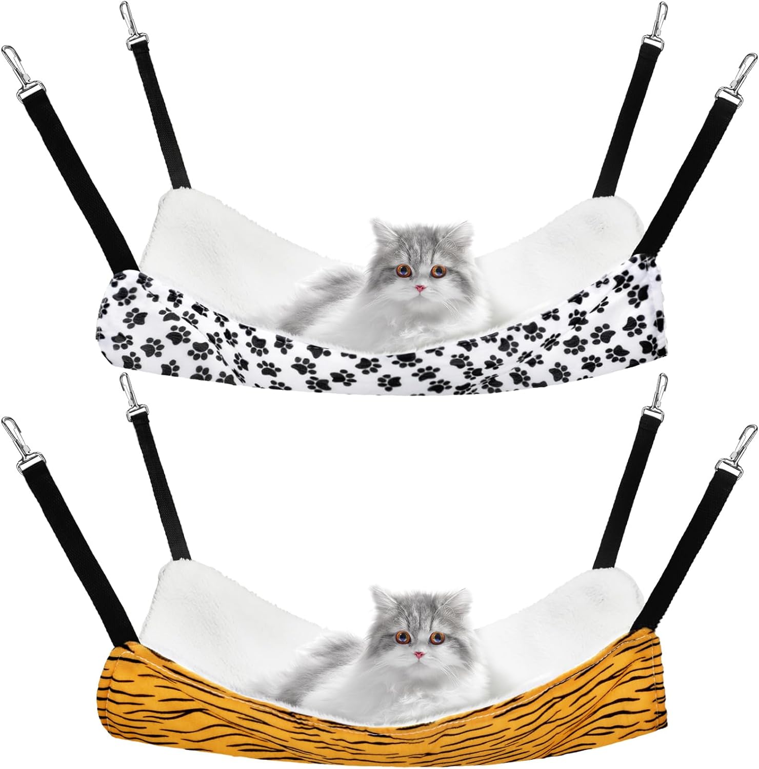 2 Pieces Reversible Cat Hanging Hammock Soft Breathable Pet Cage Hammock with Adjustable Straps and Metal Hooks Double-Sided Hanging Bed for Cats Small Dogs Rabbits (Zebra and Cat Paw Print, L)