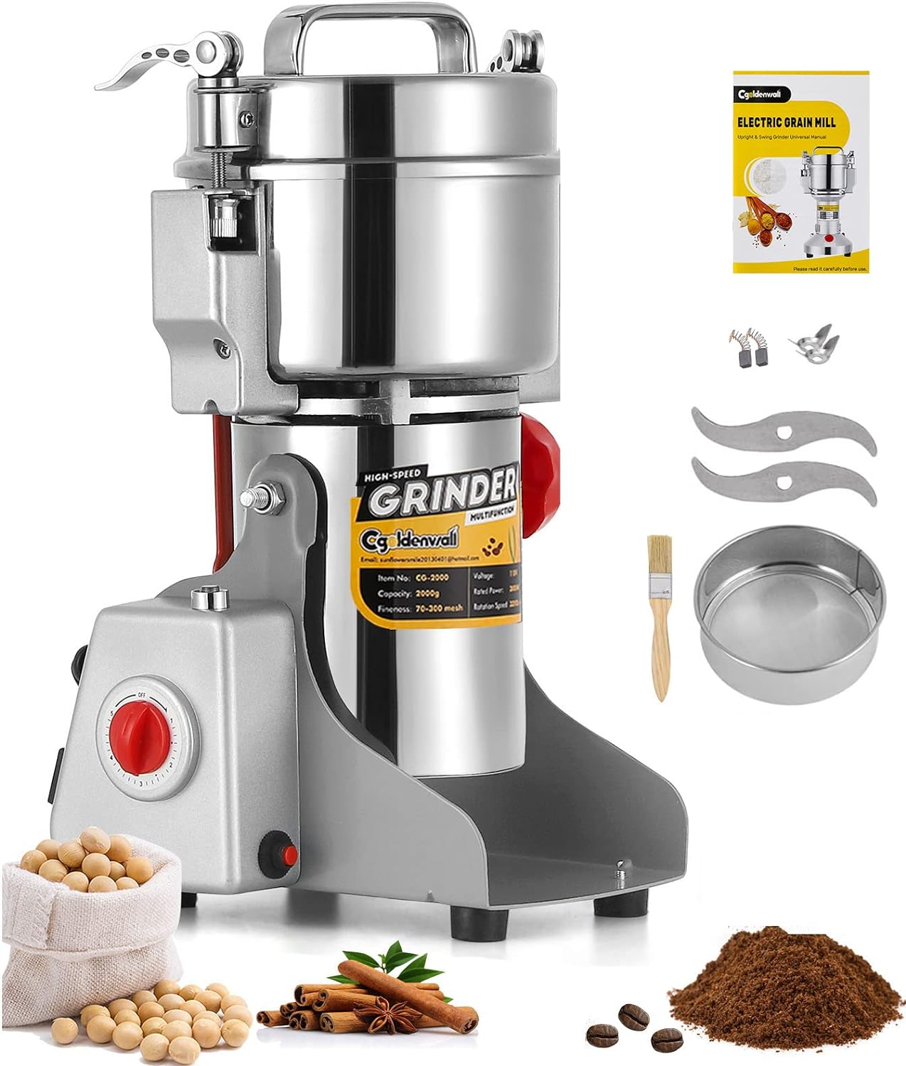 CGOLDENWALL 700g Electric Grain Grinder Mill Safety Upgraded 2400W High-speed Spice Herb Grinder Commercial Superfine Grinding Machine Dry Cereals Pulverizer CE 110V (700g Swing Type)