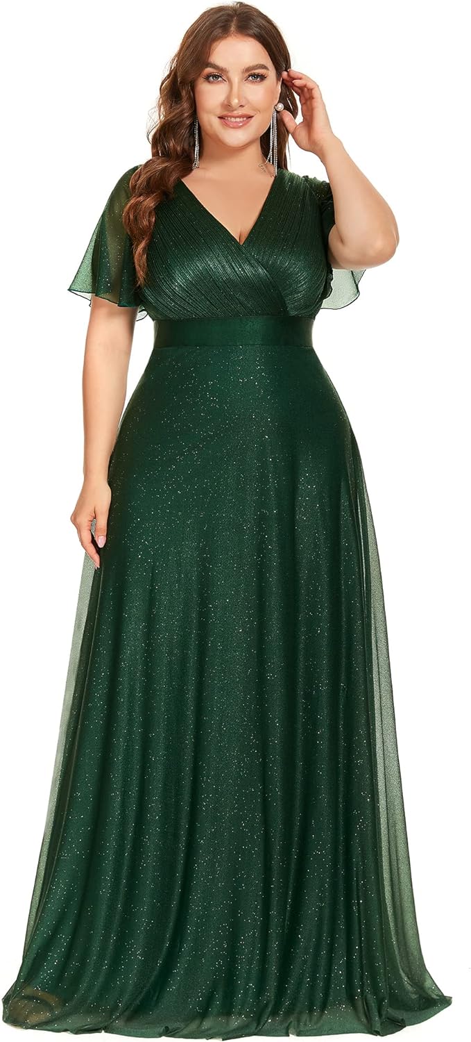 Ever-Pretty Plus Women’s Plus Size V-Neck Long Shimmery Flutter Sleeve Pleated Evening Dress 50159