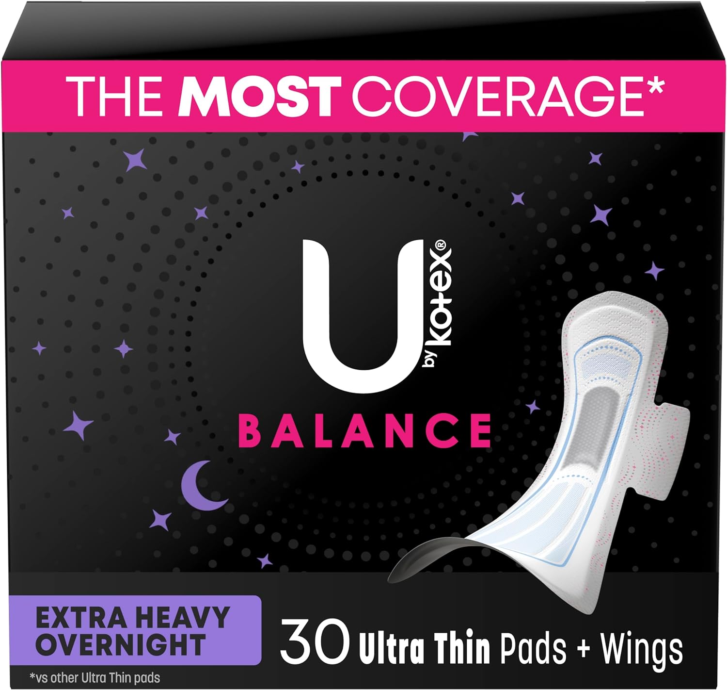 U by Kotex Balance Ultra Thin Overnight Pads with Wings, Extra Heavy Absorbency, 30 Count