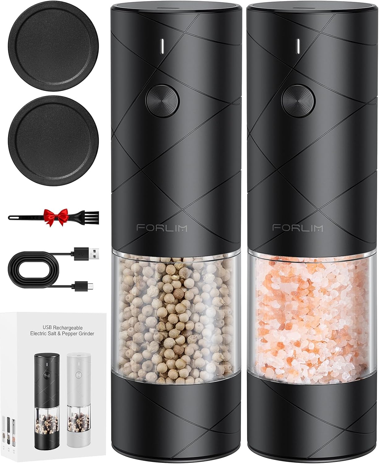 Electric Salt and Pepper Grinder Set Rechargeable with LED Light/Dust Cover, Adjustable Coarseness Automatic Salt Pepper Mill Grinder, One-Button Control for Kitchen, Restaurant, Outdoor