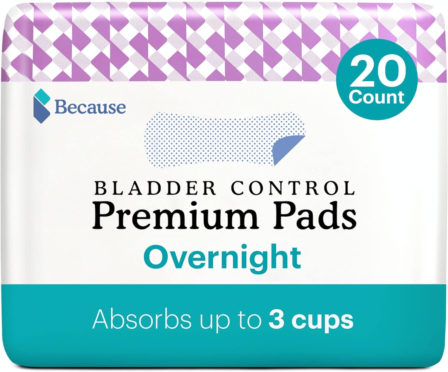 Because Premium Incontinence Pads for Women – Discreet, Individually Wrapped Liners – Overnight, 20 Count (Pack of 1)