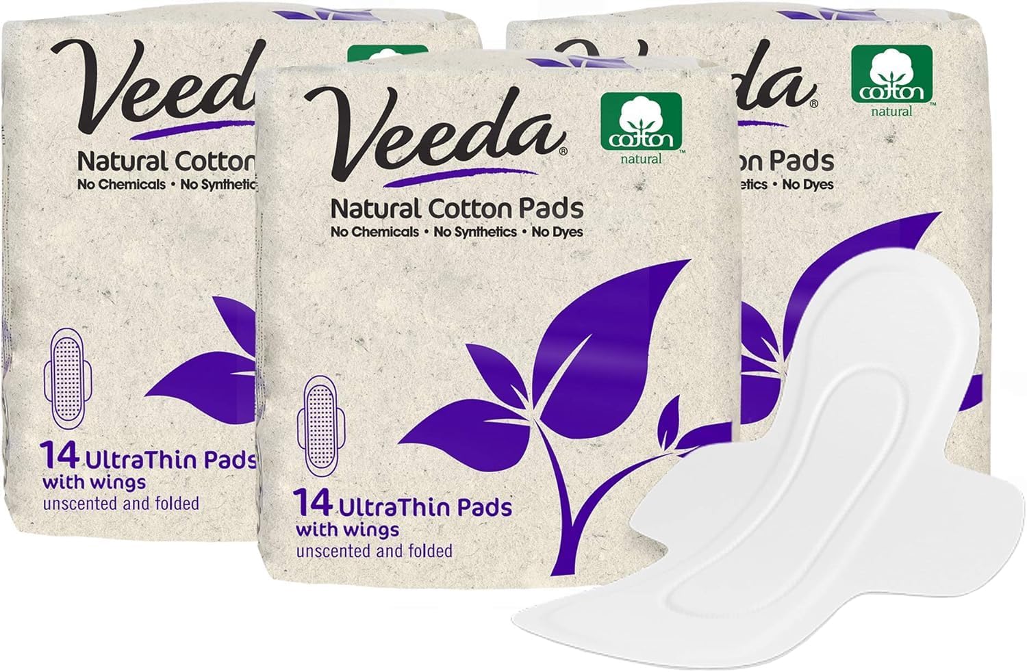 Veeda Natural Cotton Day Pads for Women, Hypoallergenic, Chlorine and Fragrance Free, Ultra-Thin pads with wings, Heavy Flow Absorbent, Sanitary Napkins, 42 Count (3 Packs of 14)
