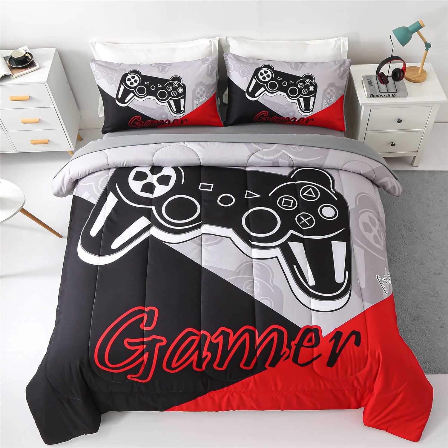 KAKKI 5 Piece Boys Full Gamer Comforter Set with Sheets, 3D Colorful Video Game Controller Comforter for Kids Teen, All Season Soft Microfiber Gaming Bedding Set(Red,Full)