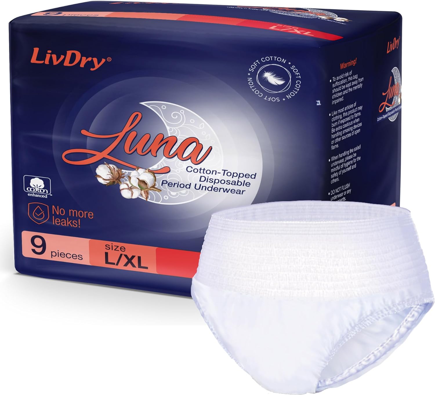 Luna Disposable Period Underwear for Women, Menstrual and Postpartum High Absorbency, Cotton Covered Comfort, Made in USA (9 Count, Large/X-Large)
