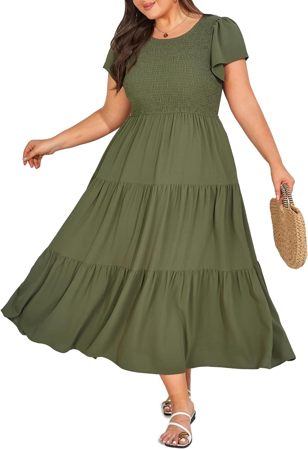 KIMCURVY Women’s Plus Size Summer Casual Crew Neck Flutter Short Sleeve Smocked Tiered Maxi Dress