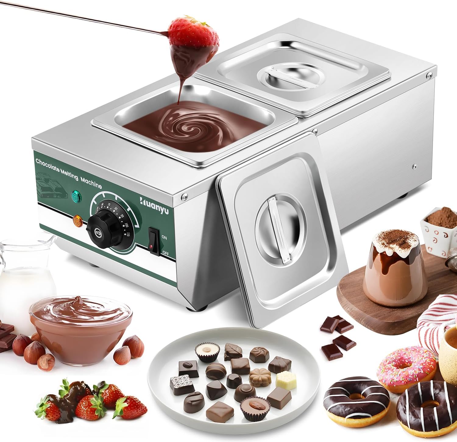 Huanyu Chocolate Tempering Machine 86~230℉ Commercial Electric Melting 2-Pot 6.6LBs Stainless Steel Food Warmer Professional Heated Chocolate Melter with Lid for Catering Restaurant Canteen Home Party